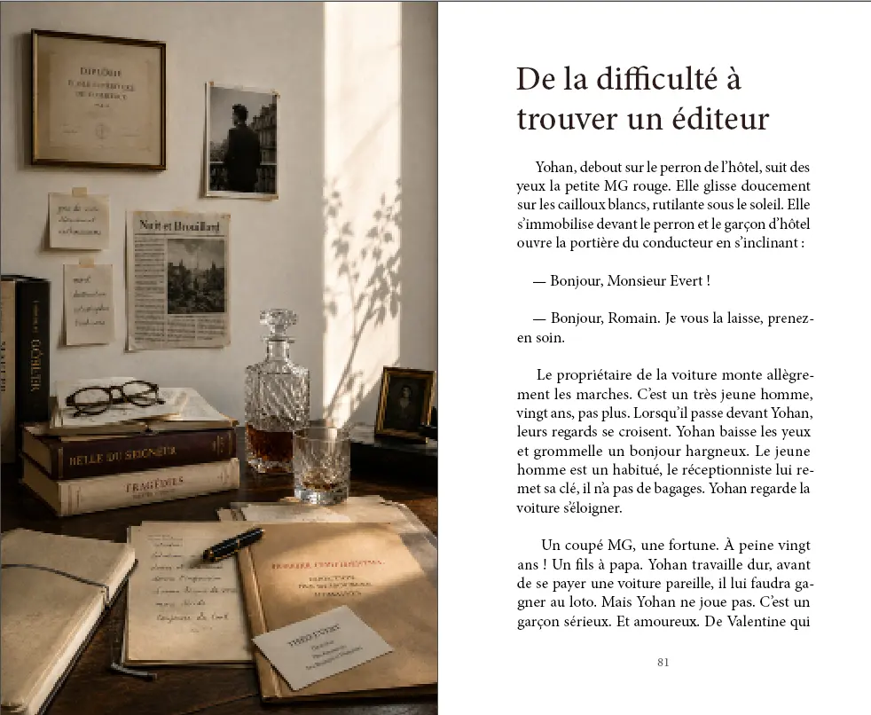 Double page De la difficulté à trouver un éditeur avec une composition photographique et une page de texte