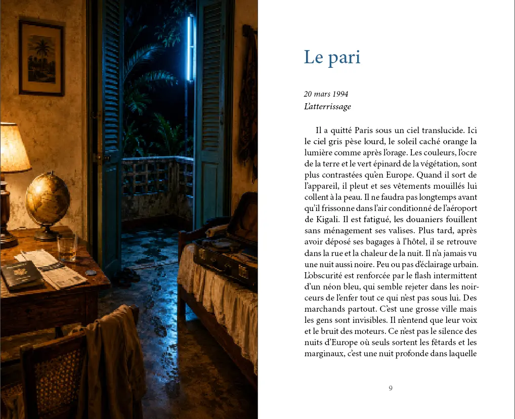 Double page du récit Le pari avec une chambre ouverte sur la nuit et une page de texte