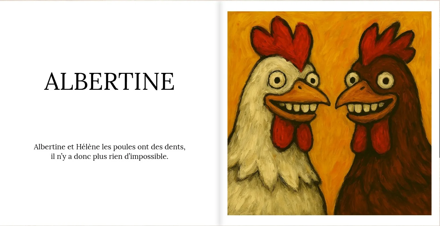 Double page Albertine avec un aphorisme et deux poules illustrées