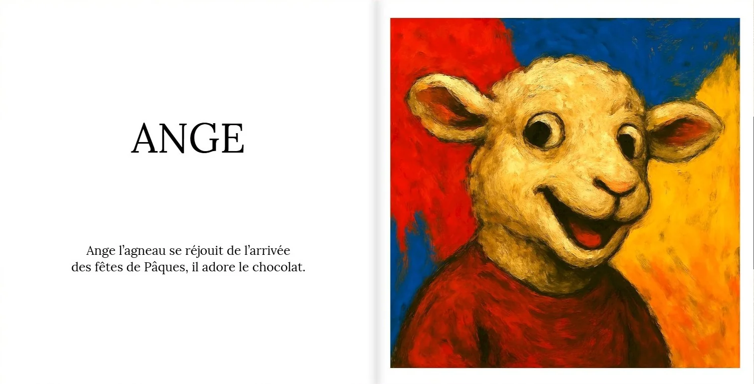 Double page Ange avec un aphorisme et un agneau illustré