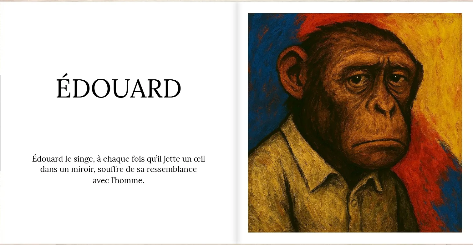 Double page Édouard avec un aphorisme et un singe illustré