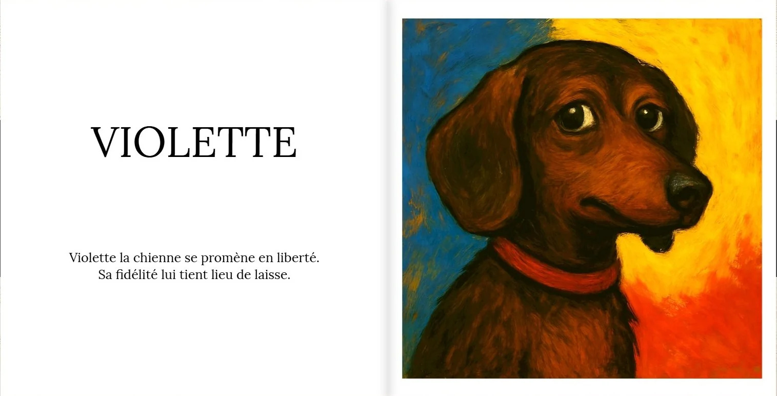 Double page Violette avec un aphorisme et une chienne illustrée